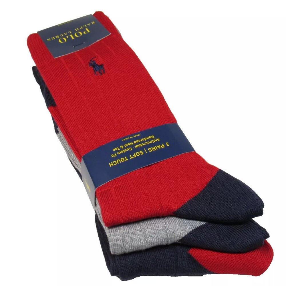 Polo Ralph Lauren Men's Ribbed Rayon Dress Socks 3 Pairs Red Navy Gry Size 10-13